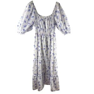 LoveShackFancy xTarget Floral Maxi Dress Blue White Puff Sleeve Smocked Cotton M